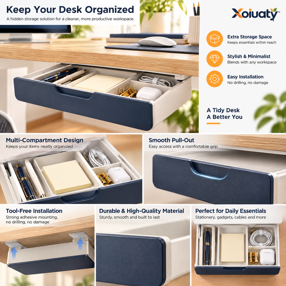 Xoiuaty™ Hidden Under-Desk Storage Drawer branded main image